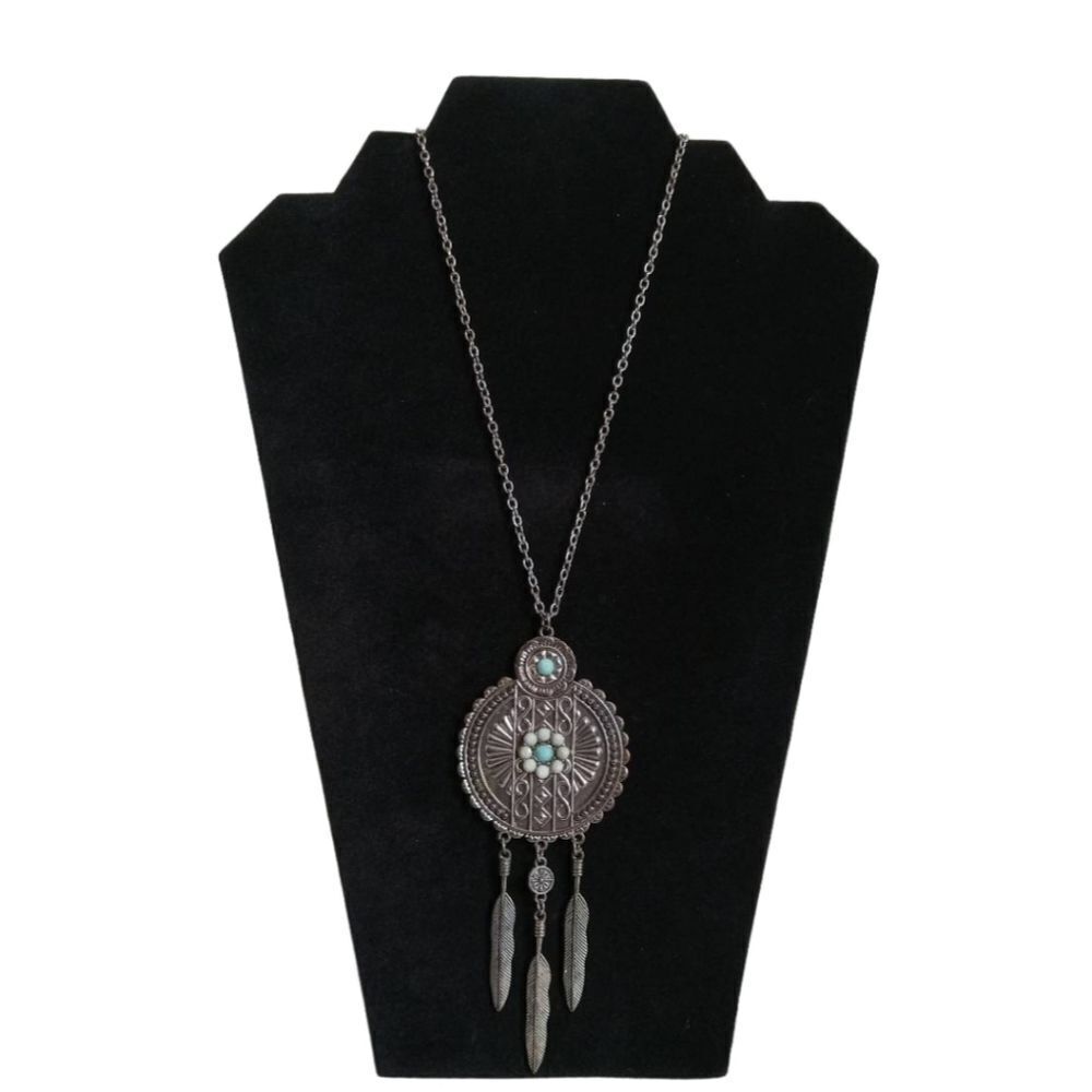 etc! Silver Toned Dreamcatcher and Feather Charms Pendant Statement Necklace